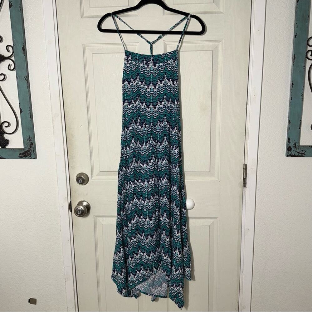 Roxy Teal White Patterned High Low Maxi Dress Womens Large RN114199